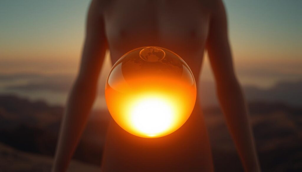 A glowing, metallic sphere representing body temperature hovers in a dimly lit, atmospheric setting. The sphere emits a soft, amber glow, casting warm, diffused light across the scene. In the background, a blurred, abstract landscape suggests the human body, with subtle gradients and muted hues. The composition is balanced, with the temperature sphere as the focal point, surrounded by a sense of tranquility and introspection. Dramatic lighting from above creates depth and highlights the sphere's metallic surface, conveying the idea of monitoring and understanding one's internal rhythms. The overall mood is one of scientific curiosity and personal wellness. A glowing, metallic sphere representing body temperature hovers in a dimly lit, atmospheric setting. The sphere emits a soft, amber glow, casting warm, diffused light across the scene. In the background, a blurred, abstract landscape suggests the human body, with subtle gradients and muted hues. The composition is balanced, with the temperature sphere as the focal point, surrounded by a sense of tranquility and introspection. Dramatic lighting from above creates depth and highlights the sphere's metallic surface, conveying the idea of monitoring and understanding one's internal rhythms. The overall mood is one of scientific curiosity and personal wellness.