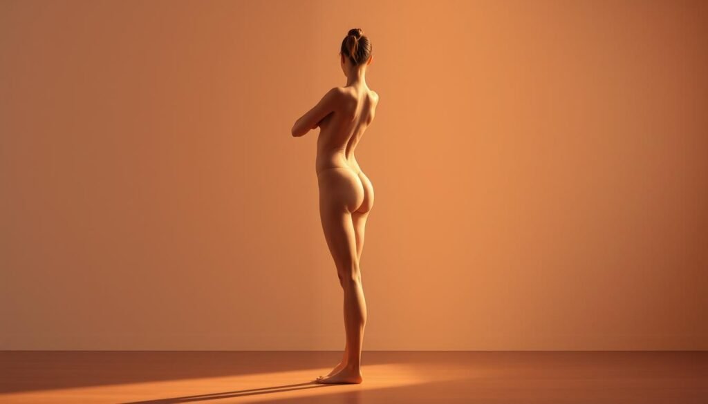 A graceful, well-defined human form in a serene, mindful pose. The figure is centered, bathed in soft, warm lighting that accentuates the contours of the muscular, yet elegant body. The pose emphasizes proper form and alignment, with the spine straight, core engaged, and limbs positioned to showcase the body's natural lines and capabilities. The background is a calming, minimalist space, allowing the viewer to focus on the intentional, controlled movement of the subject. Overall, the image conveys a sense of balance, control, and the beauty of mindful, low-impact exercise that prioritizes safety and longevity over high-intensity exertion.