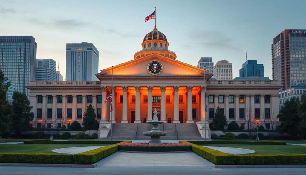A grand government building with a classical architectural style, illuminated by warm, golden lighting. The federal seal prominently displayed on the façade, flanked by American flags waving in the breeze. The structure's symmetry and majestic columns evoke a sense of authority and stability. In the foreground, a neatly landscaped plaza with well-manicured hedges and a central fountain, creating a serene and authoritative atmosphere. The background features a cityscape of modern skyscrapers, hinting at the FTC's role in regulating the ever-evolving technological landscape. A grand government building with a classical architectural style, illuminated by warm, golden lighting. The federal seal prominently displayed on the façade, flanked by American flags waving in the breeze. The structure's symmetry and majestic columns evoke a sense of authority and stability. In the foreground, a neatly landscaped plaza with well-manicured hedges and a central fountain, creating a serene and authoritative atmosphere. The background features a cityscape of modern skyscrapers, hinting at the FTC's role in regulating the ever-evolving technological landscape.