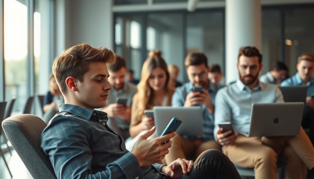 A group of people sitting in a modern office, engrossed in their smartphones and laptops. Soft natural lighting filters through large windows, casting a warm glow on the scene. The foreground features a young professional leaning back in their chair, brow furrowed as they scroll intently on their device. In the middle ground, colleagues are engaged in animated discussions, their attention divided between their work and their personal screens. In the background, a sense of disconnection and isolation pervades, as individuals appear lost in their own digital worlds, oblivious to the physical presence of others around them. The atmosphere conveys the pervasive influence of technology on contemporary life and the challenge of being fully present in the moment.