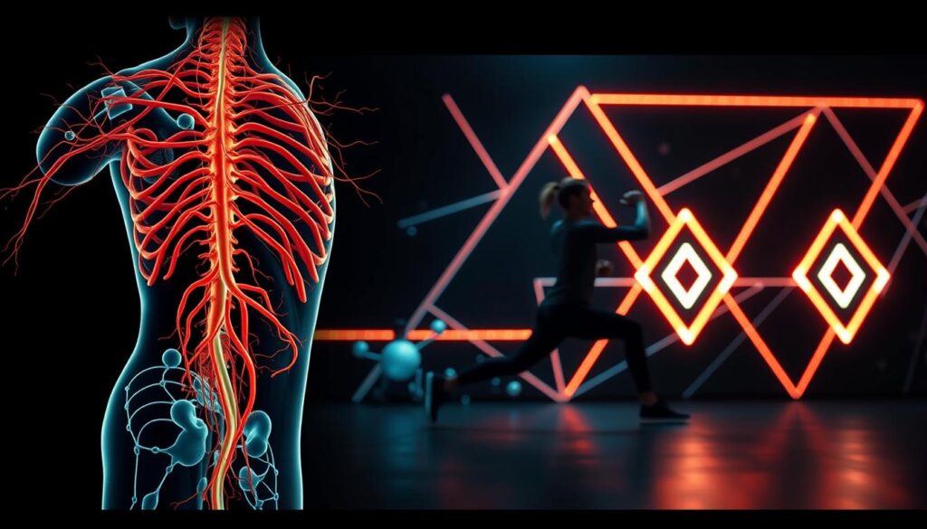 A high-contrast, cinematic image of the science behind human mobility. In the foreground, a detailed anatomical diagram of the central nervous system and myofascial system, showcasing the interplay of muscles, connective tissue, and neural pathways. In the middle ground, a slow-motion action shot of a person performing a compound exercise, highlighting the complex kinetics of movement. In the background, abstract geometric patterns and glowing neon-like shapes represent the reciprocal inhibition and neuromuscular coordination that enable graceful, efficient movement. The lighting is dramatic, with cool tones and dramatic chiaroscuro, creating an atmosphere of technical precision and scientific exploration. A high-contrast, cinematic image of the science behind human mobility. In the foreground, a detailed anatomical diagram of the central nervous system and myofascial system, showcasing the interplay of muscles, connective tissue, and neural pathways. In the middle ground, a slow-motion action shot of a person performing a compound exercise, highlighting the complex kinetics of movement. In the background, abstract geometric patterns and glowing neon-like shapes represent the reciprocal inhibition and neuromuscular coordination that enable graceful, efficient movement. The lighting is dramatic, with cool tones and dramatic chiaroscuro, creating an atmosphere of technical precision and scientific exploration.