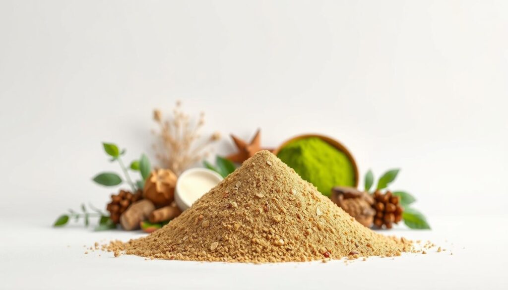 A high-quality, detailed illustration of a nutritional profile powder against a clean, minimalist background. The powder is in the foreground, with a clear, well-lit view showcasing its fine, smooth texture and natural, earthy hues. The middle ground features a simple, elegant arrangement of various superfoods, herbs, and botanicals, suggesting the powder's rich, diverse composition. The background is a soft, airy gradient, creating a sense of depth and emphasis on the central subject. The overall mood is one of purity, health, and scientific precision, suitable for an educational article on the nutritional merits of moringa and matcha.