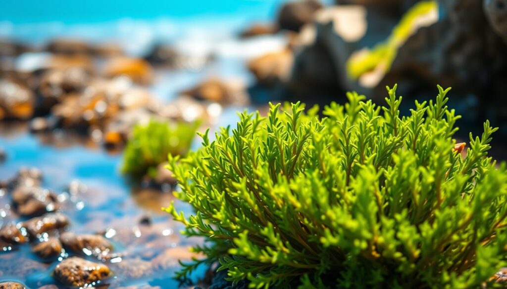 A high-quality, studio-lit photograph of fresh, vibrant sea moss (Gracilaria sp.) growing in a shallow, rocky tide pool on a temperate coast. The sea moss fronds have a deep, emerald-green color and a lush, textured appearance, gently swaying in the current. The foreground is in sharp focus, with the middle ground fading into a softly blurred, sun-dappled backdrop of azure ocean and rocky outcroppings. Warm, directional lighting from the side accentuates the dimensional quality of the sea moss, creating highlights and shadows that reveal its intricate branching structure. The overall mood is one of natural abundance and nourishment, reflecting the premium quality and essential nutrients of this marine superfood. A high-quality, studio-lit photograph of fresh, vibrant sea moss (Gracilaria sp.) growing in a shallow, rocky tide pool on a temperate coast. The sea moss fronds have a deep, emerald-green color and a lush, textured appearance, gently swaying in the current. The foreground is in sharp focus, with the middle ground fading into a softly blurred, sun-dappled backdrop of azure ocean and rocky outcroppings. Warm, directional lighting from the side accentuates the dimensional quality of the sea moss, creating highlights and shadows that reveal its intricate branching structure. The overall mood is one of natural abundance and nourishment, reflecting the premium quality and essential nutrients of this marine superfood.