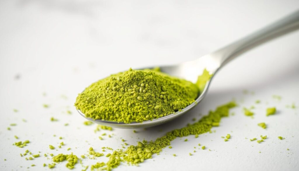 A high-resolution, close-up image of a teaspoon filled with vibrant green moringa powder, set against a clean, minimalist background. The spoon is carefully positioned to showcase the powder's fine texture and vivid color, illuminated by soft, even lighting that accentuates its natural vibrancy. The overall composition conveys a sense of simplicity, purity, and the straightforward ease of incorporating moringa into one's daily routine. A high-resolution, close-up image of a teaspoon filled with vibrant green moringa powder, set against a clean, minimalist background. The spoon is carefully positioned to showcase the powder's fine texture and vivid color, illuminated by soft, even lighting that accentuates its natural vibrancy. The overall composition conveys a sense of simplicity, purity, and the straightforward ease of incorporating moringa into one's daily routine.