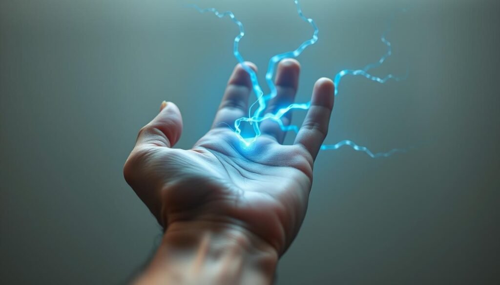 A high-resolution close-up view of a human hand making direct skin contact with a glowing, electric-blue energy field, representing the flow of electrons between the body and the earth. The foreground shows the detailed texture and lines of the palm, fingers, and skin, while the middle ground showcases the shimmering, ethereal energy field. The background is a soft, muted gradient, placing the focus entirely on the interaction between the skin and the electrons. The lighting is soft and diffused, creating a serene, almost mystical atmosphere that enhances the sense of connection and balance.