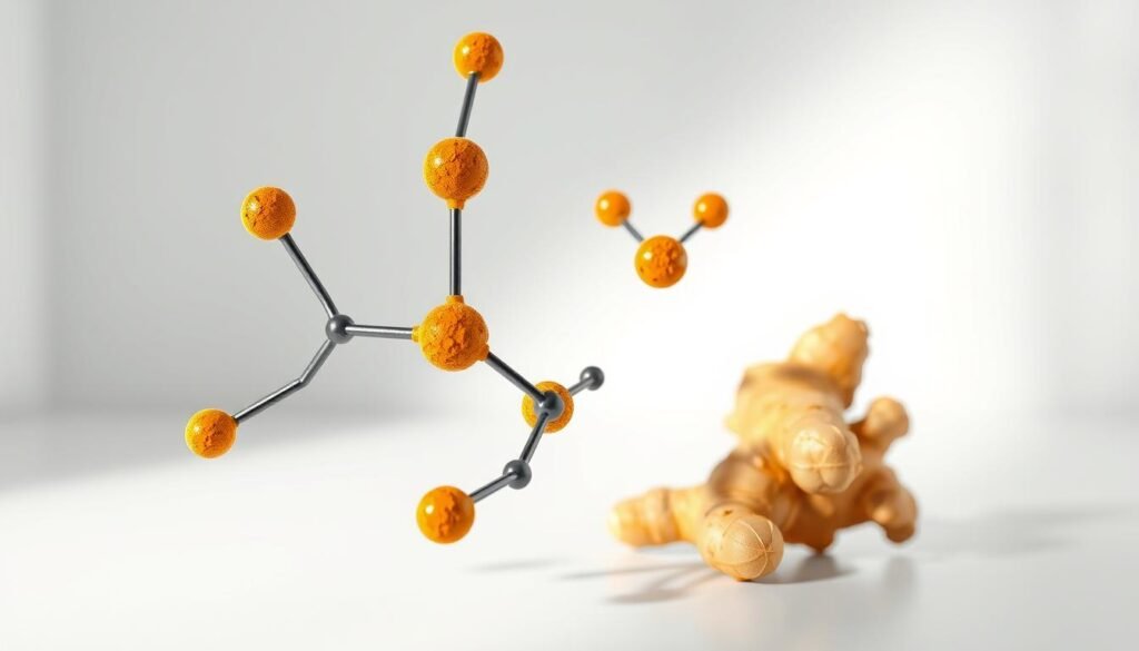A high-resolution, hyper-realistic 3D illustration of the molecular structures of curcumin and gingerol, the key anti-inflammatory compounds found in turmeric and ginger, respectively. Rendered with intricate detail and precision, the molecules are displayed in a clean, white laboratory setting with soft, diffused lighting from the side, casting gentle shadows. The foreground prominently features the distinct chemical structures, while the background subtly fades into a blurred, minimalist backdrop, allowing the compounds to take center stage and their unique properties to shine.