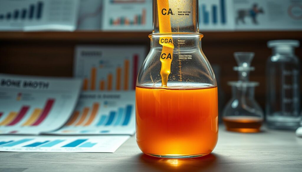 A high-resolution image of evidence and research related to bone broth. Showcase a glass beaker or laboratory apparatus filled with a golden, translucent liquid, reflecting the natural complexity and nutrients of bone broth. In the background, scientific charts, graphs, and research papers are visible, highlighting the growing body of evidence supporting the gut-healing benefits of this ancient superfood. The lighting is soft and warm, creating an atmosphere of scientific inquiry and discovery. The angle is slightly elevated, giving a sense of depth and authority to the scene. A high-resolution image of evidence and research related to bone broth. Showcase a glass beaker or laboratory apparatus filled with a golden, translucent liquid, reflecting the natural complexity and nutrients of bone broth. In the background, scientific charts, graphs, and research papers are visible, highlighting the growing body of evidence supporting the gut-healing benefits of this ancient superfood. The lighting is soft and warm, creating an atmosphere of scientific inquiry and discovery. The angle is slightly elevated, giving a sense of depth and authority to the scene.