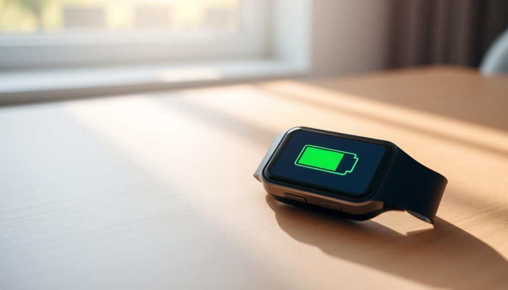 A high-tech gadget resting on a wooden surface, its battery icon displaying a vibrant green charge level. The device is illuminated by a soft, natural light filtering through a window, casting gentle shadows that highlight its sleek, minimalist design. The scene evokes a sense of efficiency and modern living, with the battery life indicator symbolizing the reliable performance and convenience of the wearable technology. The overall composition is clean, balanced, and visually appealing, effectively conveying the message of long-lasting battery life.
