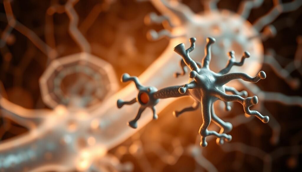 A highly detailed, anatomically accurate 3D rendering of the GABAA receptor, modeled with precision and scientific rigor. The receptor complex is shown in the foreground, bathed in soft, warm lighting that highlights its intricate structure and dynamic functionality. The middle ground features a cross-section of a neuron, with synaptic clefts and ion channels visible, conveying the receptor's critical role in neurotransmission. The background depicts a neural network, with interconnected neurons and glial cells, setting the scene for the receptor's integral function within the broader context of the brain. The overall mood is one of scientific inquiry and a deep understanding of the complex mechanisms underlying the brain's stress response. A highly detailed, anatomically accurate 3D rendering of the GABAA receptor, modeled with precision and scientific rigor. The receptor complex is shown in the foreground, bathed in soft, warm lighting that highlights its intricate structure and dynamic functionality. The middle ground features a cross-section of a neuron, with synaptic clefts and ion channels visible, conveying the receptor's critical role in neurotransmission. The background depicts a neural network, with interconnected neurons and glial cells, setting the scene for the receptor's integral function within the broader context of the brain. The overall mood is one of scientific inquiry and a deep understanding of the complex mechanisms underlying the brain's stress response.