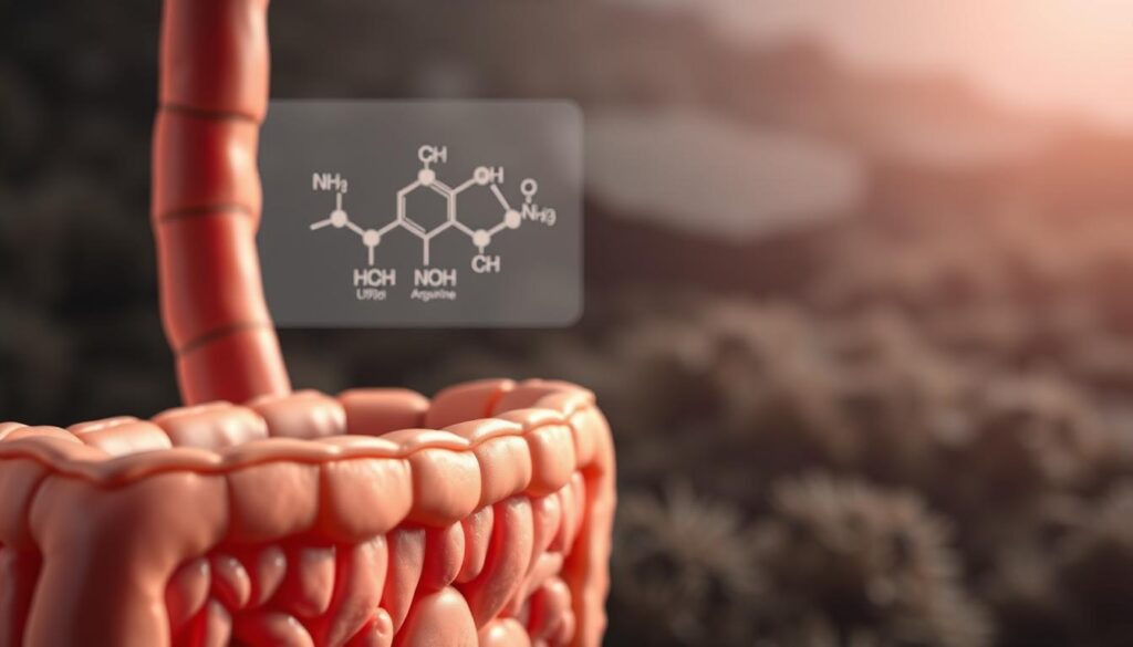A highly detailed, scientific illustration depicting the key amino acids that support gut health. In the foreground, a cross-section of the intestinal lining is rendered with photorealistic clarity, showcasing the essential amino acids like glutamine, arginine, and cysteine that nourish and strengthen the gut's mucosal barrier. In the middle ground, a molecular diagram highlights the chemical structures of these amino acids, while the background features a muted, textured landscape representing the gut microbiome. Lit by soft, natural lighting and captured with a shallow depth of field, the image conveys a sense of clinical precision and scientific importance. A highly detailed, scientific illustration depicting the key amino acids that support gut health. In the foreground, a cross-section of the intestinal lining is rendered with photorealistic clarity, showcasing the essential amino acids like glutamine, arginine, and cysteine that nourish and strengthen the gut's mucosal barrier. In the middle ground, a molecular diagram highlights the chemical structures of these amino acids, while the background features a muted, textured landscape representing the gut microbiome. Lit by soft, natural lighting and captured with a shallow depth of field, the image conveys a sense of clinical precision and scientific importance.