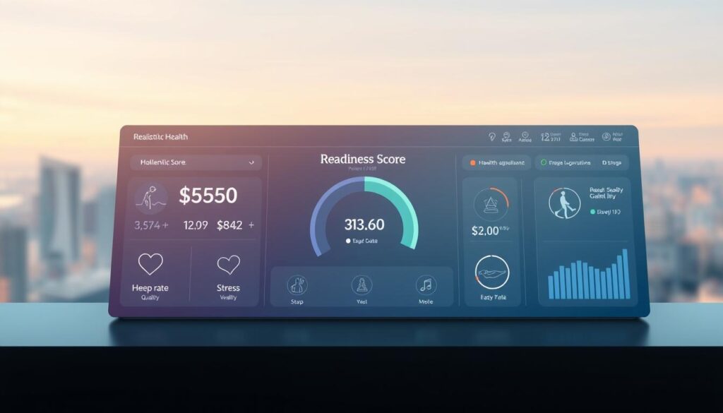 A holistic health dashboard displayed on a sleek, modern digital interface. The foreground showcases a prominent "Readiness Score" metric, rendered in a clear, minimalist typeface against a soft, soothing gradient background. Surrounding the score are intuitive icons and visualizations depicting various physiological indicators, such as heart rate, sleep quality, and stress levels. The middle ground features a clean, data-driven layout with smooth transitions and subtle animations, conveying a sense of precision and technological sophistication. In the background, a ethereal, blurred cityscape or natural landscape sets a calming, aspirational tone, evoking a sense of balance and well-being. A holistic health dashboard displayed on a sleek, modern digital interface. The foreground showcases a prominent "Readiness Score" metric, rendered in a clear, minimalist typeface against a soft, soothing gradient background. Surrounding the score are intuitive icons and visualizations depicting various physiological indicators, such as heart rate, sleep quality, and stress levels. The middle ground features a clean, data-driven layout with smooth transitions and subtle animations, conveying a sense of precision and technological sophistication. In the background, a ethereal, blurred cityscape or natural landscape sets a calming, aspirational tone, evoking a sense of balance and well-being.