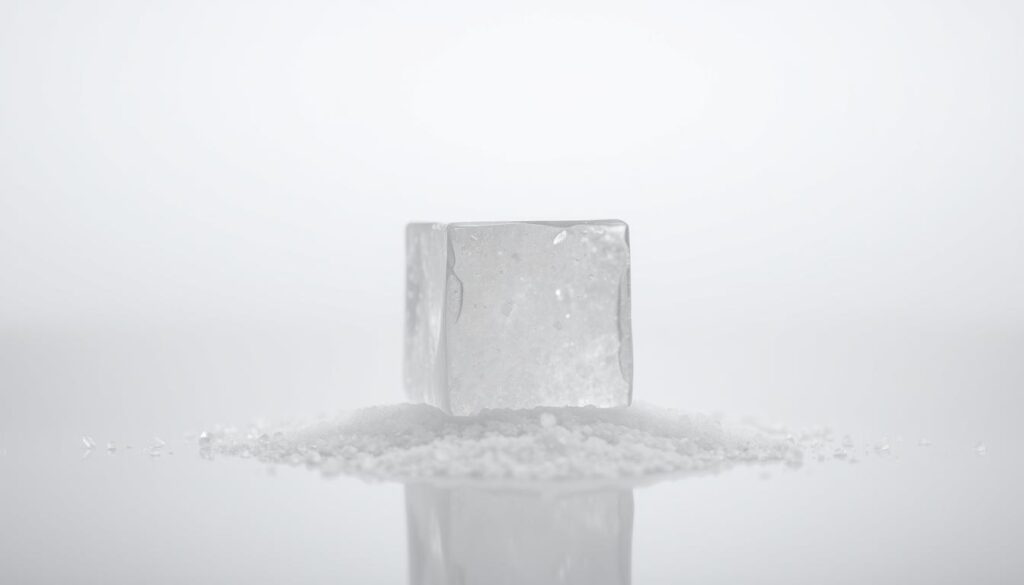 A large crystal sugar cube, its facets glinting under bright studio lighting, rests on a smooth, reflective surface. In the middle ground, a sprinkle of raw sugar granules cascades across the frame, catching the light. The background fades into a soft, out-of-focus blur, emphasizing the central subject. The mood is clean, minimalist, and clinical, drawing the viewer's attention to the refined, indulgent nature of this sweetener that can disrupt hormone balance if consumed in excess.