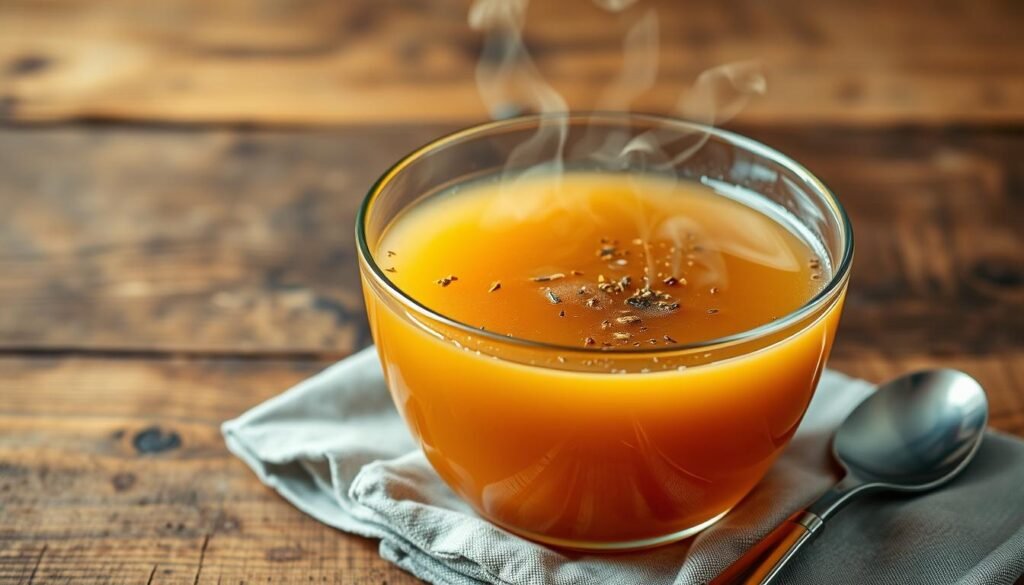 A large glass bowl filled with rich, simmered bone broth, steam rising delicately. The broth has a golden hue, with small flecks of aromatic herbs and spices floating on the surface. The backdrop is a rustic wooden table, with a linen napkin and a spoon placed neatly beside the bowl, creating a cozy, homemade atmosphere. The lighting is soft and warm, casting a gentle glow on the scene, highlighting the inviting nature of the bone broth. The overall composition evokes a sense of nourishment, comfort, and the care that goes into crafting a high-quality, artisanal bone broth.