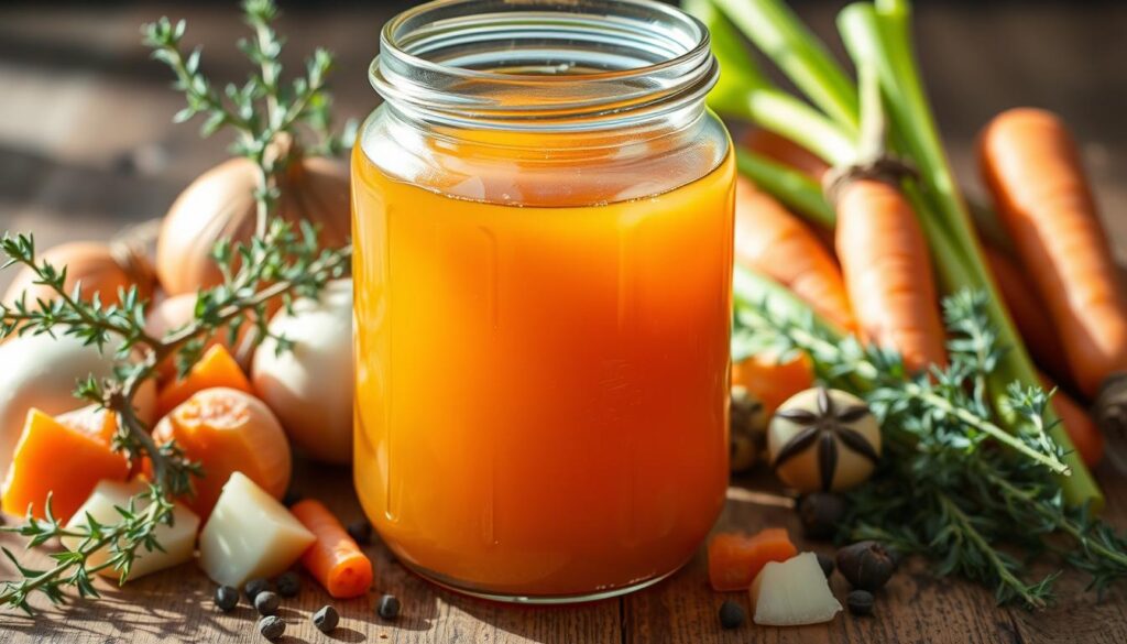 A large glass jar filled with rich, golden-brown liquid, surrounded by various whole, organic ingredients: fresh thyme sprigs, chunks of onion, carrots, celery stalks, and peppercorns. The liquid appears translucent yet substantial, hinting at the depth of flavor and nutritional properties within. Soft, natural lighting illuminates the scene, casting gentle shadows and emphasizing the clarity and vitality of the broth. The jar is positioned on a rustic, wooden surface, conveying a sense of homemade, artisanal preparation. The overall impression is one of simplicity, wholesomeness, and the nourishing power of this ancient culinary elixir. A large glass jar filled with rich, golden-brown liquid, surrounded by various whole, organic ingredients: fresh thyme sprigs, chunks of onion, carrots, celery stalks, and peppercorns. The liquid appears translucent yet substantial, hinting at the depth of flavor and nutritional properties within. Soft, natural lighting illuminates the scene, casting gentle shadows and emphasizing the clarity and vitality of the broth. The jar is positioned on a rustic, wooden surface, conveying a sense of homemade, artisanal preparation. The overall impression is one of simplicity, wholesomeness, and the nourishing power of this ancient culinary elixir.