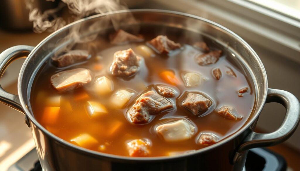 A large stockpot filled with a rich, golden-brown liquid, simmering gently over a low flame. Chunks of beef bones and aromatic vegetables - onions, carrots, celery - float amidst the fragrant broth. Steam gently rises, creating a cozy, homely atmosphere. The scene is bathed in warm, natural lighting, perhaps from a nearby window, casting a soft glow on the scene. The texture of the broth appears thick and gelatinous, hinting at the nourishing collagen and nutrients extracted from the bones during the long, slow cooking process. This homemade bone broth embodies the essence of comfort and digestive support, ready to be ladled into a soothing mug. A large stockpot filled with a rich, golden-brown liquid, simmering gently over a low flame. Chunks of beef bones and aromatic vegetables - onions, carrots, celery - float amidst the fragrant broth. Steam gently rises, creating a cozy, homely atmosphere. The scene is bathed in warm, natural lighting, perhaps from a nearby window, casting a soft glow on the scene. The texture of the broth appears thick and gelatinous, hinting at the nourishing collagen and nutrients extracted from the bones during the long, slow cooking process. This homemade bone broth embodies the essence of comfort and digestive support, ready to be ladled into a soothing mug.