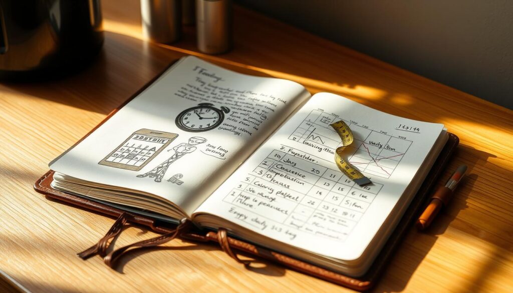A leather-bound journal with a detailed illustration of a calendar, clock, and measuring tape on the cover, resting on a wooden desk. The pages inside showcase hand-written notes, sketches, and graphs tracking daily fasting patterns, calorie intake, and weight fluctuations. Soft, natural lighting illuminates the scene, casting warm shadows and highlights the textural details. The overall atmosphere conveys a sense of personal reflection, discipline, and the journey of intermittent fasting. A leather-bound journal with a detailed illustration of a calendar, clock, and measuring tape on the cover, resting on a wooden desk. The pages inside showcase hand-written notes, sketches, and graphs tracking daily fasting patterns, calorie intake, and weight fluctuations. Soft, natural lighting illuminates the scene, casting warm shadows and highlights the textural details. The overall atmosphere conveys a sense of personal reflection, discipline, and the journey of intermittent fasting.