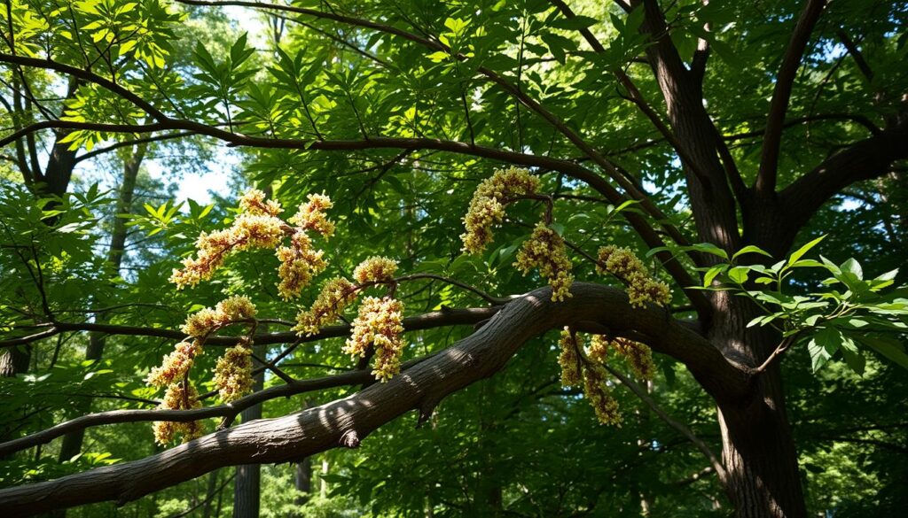 A lush forest canopy casts dappled light upon a robust, woody shrub with arching branches and thick, leathery leaves - Eleutherococcus senticosus, the Siberian ginseng. Its clusters of tiny, greenish-white flowers sway gently in a warm breeze, promising the distinctive, dark berries to come. Examine the plant's rugged, furrowed bark and clusters of sharp spines that protect its hardy nature. A medium shot, captured with a 50mm lens, showcases the plant's resilience and adaptability amidst the tranquil forest setting. Convey a sense of steadfast vitality, mirroring the plant's renowned ability to enhance energy, endurance and recovery.