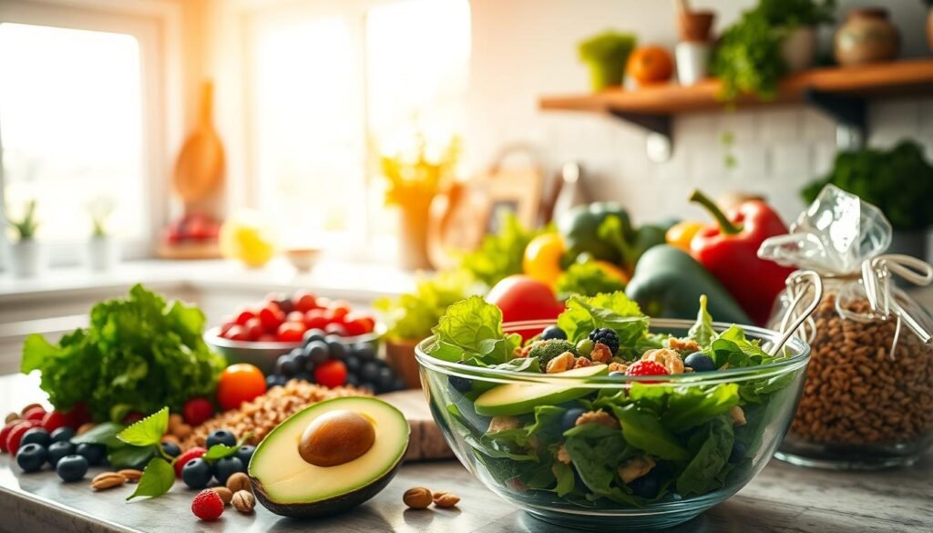 A lush, sun-dappled kitchen countertop overflows with a vibrant array of low-glycemic foods, including leafy greens, berries, nuts, and lean proteins. In the foreground, a glass bowl of fresh mixed salad is accented by sliced avocado and a drizzle of olive oil dressing. Surrounding the bowl, a variety of whole grains like quinoa and bulgur wheat, as well as colorful vegetables like broccoli and bell peppers, are neatly arranged. In the background, a large window filters warm, natural lighting into the space, casting a soft, inviting glow over the scene. The overall mood is one of health, balance, and mindful food choices that support insulin regulation and weight management.
