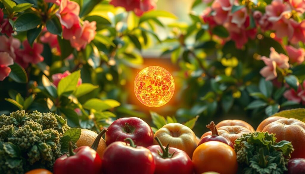 A lush, verdant backdrop of leafy greens and vibrant blooms, casting a warm, natural glow. In the foreground, an array of fresh, ripe fruits and vegetables, their surfaces glistening with dewdrops. At the center, a vibrant, glowing sphere representing the powerful antioxidant properties of these wholesome ingredients. Soft, diffused lighting illuminates the scene, creating a serene and inviting atmosphere. The composition is balanced, drawing the eye to the central focal point and highlighting the health benefits of these nutrient-dense foods. The overall mood conveys a sense of vitality, wellness, and the restorative power of natural antioxidants.