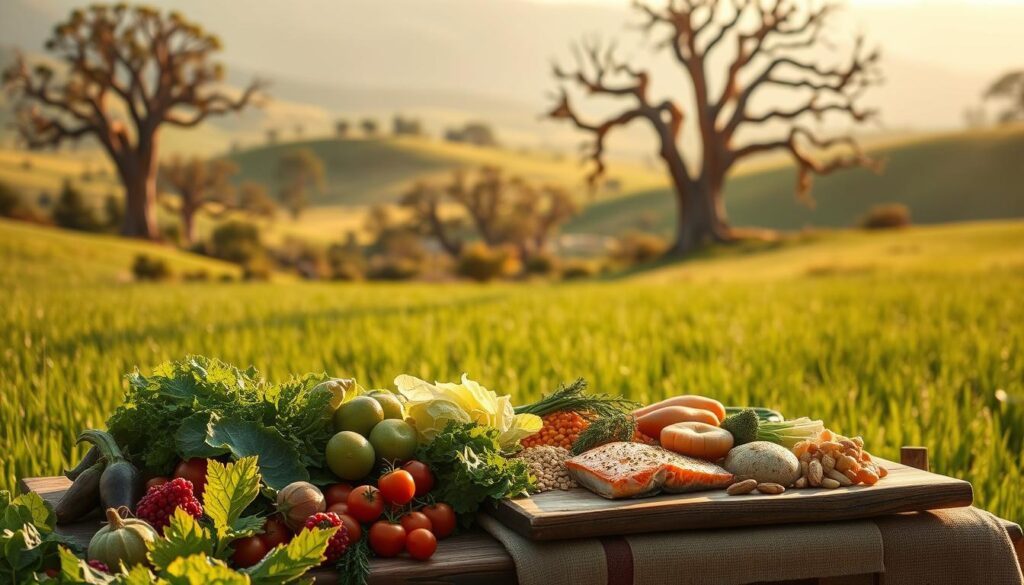 A lush, verdant meadow, bathed in warm, golden sunlight. In the foreground, an abundance of fresh, organic produce - vibrant leafy greens, earthy root vegetables, and juicy berries. In the middle ground, a rustic wooden table adorned with a simple, natural cloth, upon which a selection of paleo-friendly foods are artfully arranged - seared wild-caught salmon, tender grilled chicken, and a variety of nuts and seeds. In the background, a serene, rolling landscape dotted with towering, ancient-looking trees, their branches casting long, soft shadows. The overall scene conveys a sense of balance, simplicity, and a return to nature, reflecting the core principles of the paleo diet. A lush, verdant meadow, bathed in warm, golden sunlight. In the foreground, an abundance of fresh, organic produce - vibrant leafy greens, earthy root vegetables, and juicy berries. In the middle ground, a rustic wooden table adorned with a simple, natural cloth, upon which a selection of paleo-friendly foods are artfully arranged - seared wild-caught salmon, tender grilled chicken, and a variety of nuts and seeds. In the background, a serene, rolling landscape dotted with towering, ancient-looking trees, their branches casting long, soft shadows. The overall scene conveys a sense of balance, simplicity, and a return to nature, reflecting the core principles of the paleo diet.