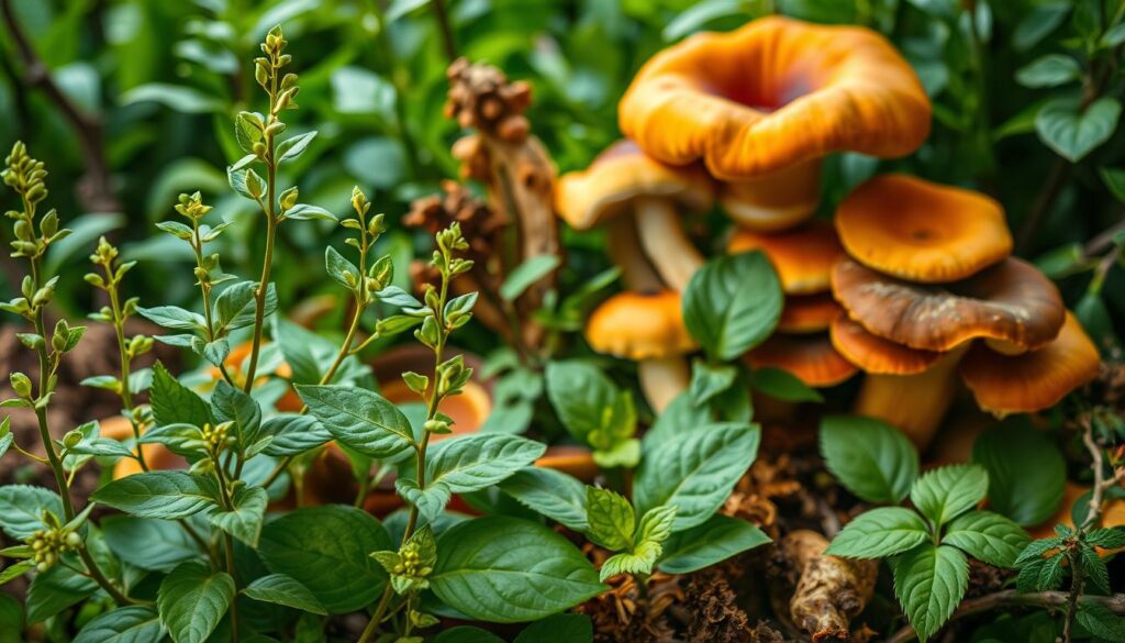 A lush, vibrant botanical composition showcasing a selection of immune-boosting herbs. In the foreground, delicate sprigs of holy basil (tulsi) unfurl their verdant leaves, radiating an aura of calm vitality. Intertwined with them, clusters of astragalus root and cordyceps mushrooms rise up, their rich, earthy tones adding depth and complexity. In the middle ground, a vibrant display of reishi mushroom caps in shades of deep crimson and golden ochre, casting a warm, protective glow. The background is a tapestry of verdant greenery, hinting at a bountiful, thriving ecosystem that nourishes these potent adaptogens. Soft, diffused lighting illuminates the scene, conveying a sense of harmony and balance. Captured with a wide-angle lens, the composition draws the viewer in, inviting them to explore the restorative power of these remarkable botanical allies.