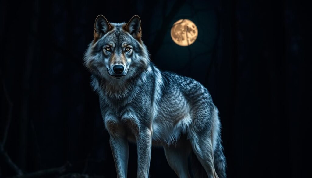 A majestic gray wolf, its piercing gaze fixed on the viewer, stands in a moonlit forest clearing. Shadows dance across its muscular frame, accentuating the sharp angles of its features. The wolf's fur glistens with a hint of silver, reflecting the soft, ethereal light that filters through the dense canopy above. In the distance, the faint outline of a full moon peeks through the twisted branches, casting a serene, contemplative atmosphere over the scene. The camera captures the wolf's powerful presence, its primal essence embodying the primal rhythms of the natural world. A majestic gray wolf, its piercing gaze fixed on the viewer, stands in a moonlit forest clearing. Shadows dance across its muscular frame, accentuating the sharp angles of its features. The wolf's fur glistens with a hint of silver, reflecting the soft, ethereal light that filters through the dense canopy above. In the distance, the faint outline of a full moon peeks through the twisted branches, casting a serene, contemplative atmosphere over the scene. The camera captures the wolf's powerful presence, its primal essence embodying the primal rhythms of the natural world.