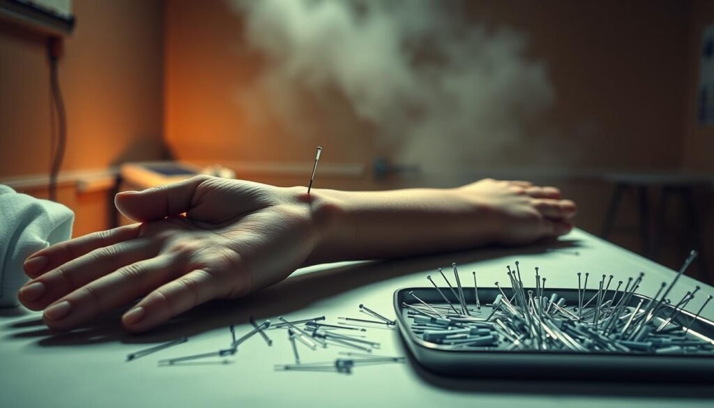 A medical examination room, dimly lit with a warm, somber atmosphere. On the examination table, a patient's arm is gently cradled, revealing a series of intricate meridian points along the forearm. Surrounding the arm, an array of acupuncture needles, some inserted, some on a tray, symbolizing the potential side effects and sensitivity of the treatment. The background is hazy, with a sense of cautious unease, highlighting the importance of safety and awareness when engaging with such a delicate practice. A medical examination room, dimly lit with a warm, somber atmosphere. On the examination table, a patient's arm is gently cradled, revealing a series of intricate meridian points along the forearm. Surrounding the arm, an array of acupuncture needles, some inserted, some on a tray, symbolizing the potential side effects and sensitivity of the treatment. The background is hazy, with a sense of cautious unease, highlighting the importance of safety and awareness when engaging with such a delicate practice.