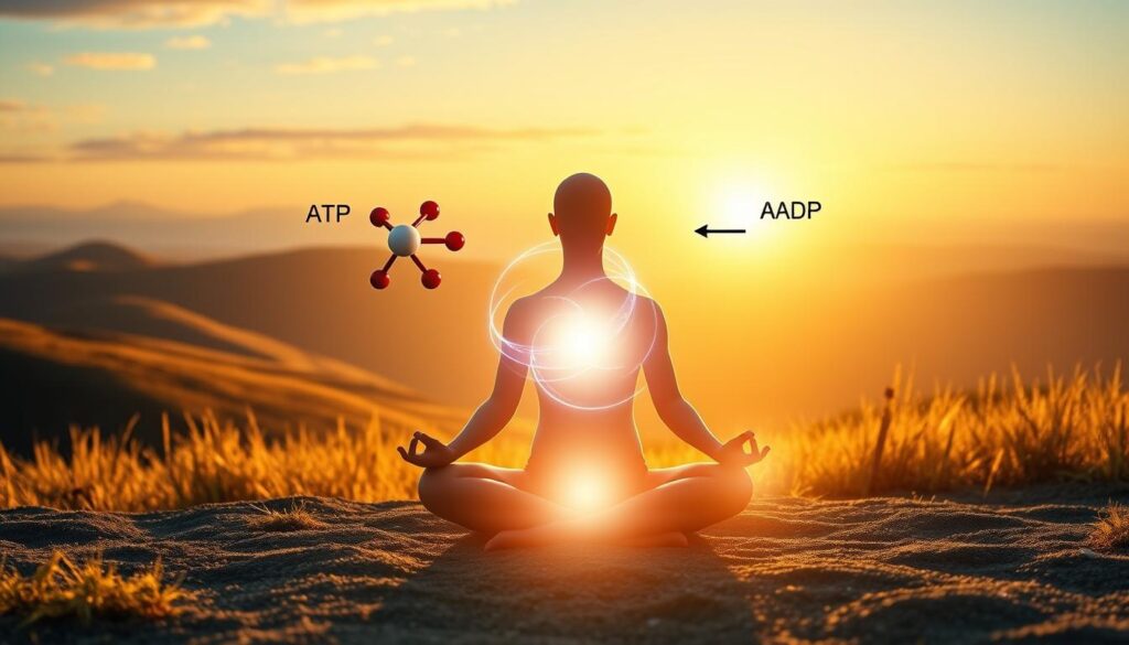 A metabolic switching diagram depicting the transition from glycolysis to fatty acid oxidation during intermittent fasting. In the foreground, a stylized human figure sits in a cross-legged meditation pose, their body glowing with an inner light. In the middle ground, a molecular model of ATP and ADP molecules swirls, illustrating the energy dynamics of the metabolic switch. In the background, a serene landscape of rolling hills and a distant horizon, bathed in warm, golden lighting that suggests the passage of time. The scene conveys a sense of balance, tranquility, and the natural harmony of the body's metabolic processes during periods of fasting. A metabolic switching diagram depicting the transition from glycolysis to fatty acid oxidation during intermittent fasting. In the foreground, a stylized human figure sits in a cross-legged meditation pose, their body glowing with an inner light. In the middle ground, a molecular model of ATP and ADP molecules swirls, illustrating the energy dynamics of the metabolic switch. In the background, a serene landscape of rolling hills and a distant horizon, bathed in warm, golden lighting that suggests the passage of time. The scene conveys a sense of balance, tranquility, and the natural harmony of the body's metabolic processes during periods of fasting.