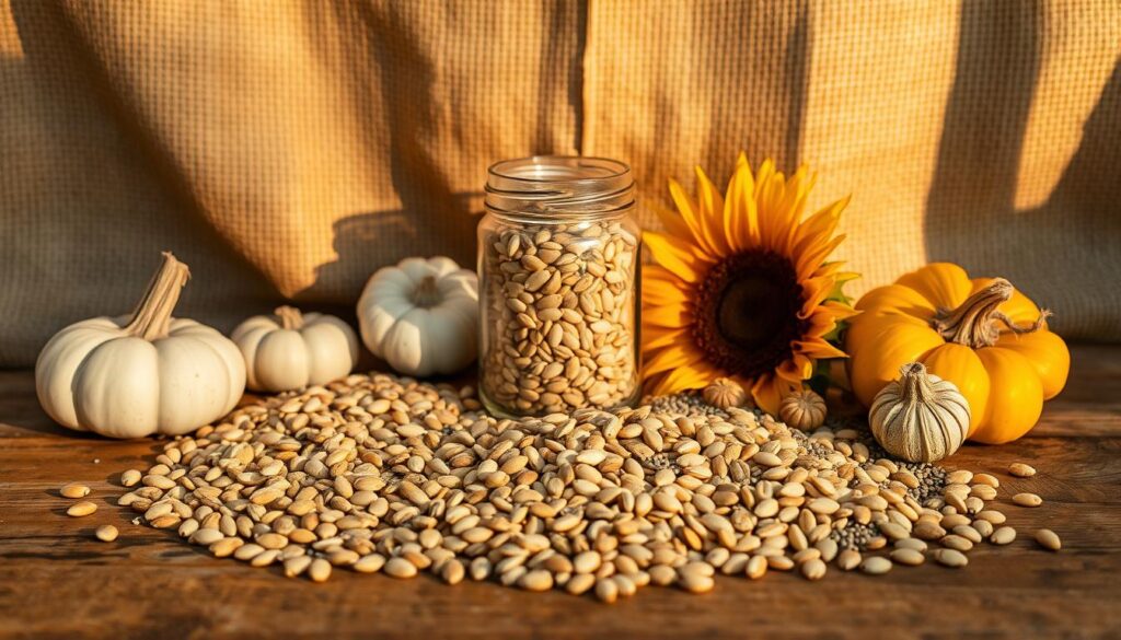 A meticulously arranged still life depicting an assortment of seeds on a rustic wooden surface, bathed in warm, golden natural lighting. In the foreground, a mix of various seeds such as flax, pumpkin, sunflower, and chia are carefully displayed. In the middle ground, a glass jar filled with a blend of these seeds takes center stage, casting soft shadows. The background features a textured burlap fabric, adding depth and a soothing, earthy tone to the composition. The overall mood is one of tranquility and wellness, inviting the viewer to explore the benefits of seed cycling. A meticulously arranged still life depicting an assortment of seeds on a rustic wooden surface, bathed in warm, golden natural lighting. In the foreground, a mix of various seeds such as flax, pumpkin, sunflower, and chia are carefully displayed. In the middle ground, a glass jar filled with a blend of these seeds takes center stage, casting soft shadows. The background features a textured burlap fabric, adding depth and a soothing, earthy tone to the composition. The overall mood is one of tranquility and wellness, inviting the viewer to explore the benefits of seed cycling.