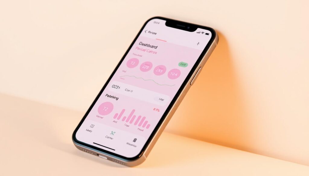 A meticulously crafted period tracker app interface, displayed on a smartphone screen against a clean, minimalist background. The screen showcases a streamlined dashboard with intuitive icons and graphs, depicting menstrual cycle data in a visually appealing and informative manner. The interface is designed with a soft, pastel color palette, creating a calming and approachable aesthetic. The smartphone is positioned at a slight angle, allowing for a clear and detailed view of the app's features. Warm, natural lighting illuminates the scene, enhancing the overall visual appeal and highlighting the user-friendly design of the period tracking application.