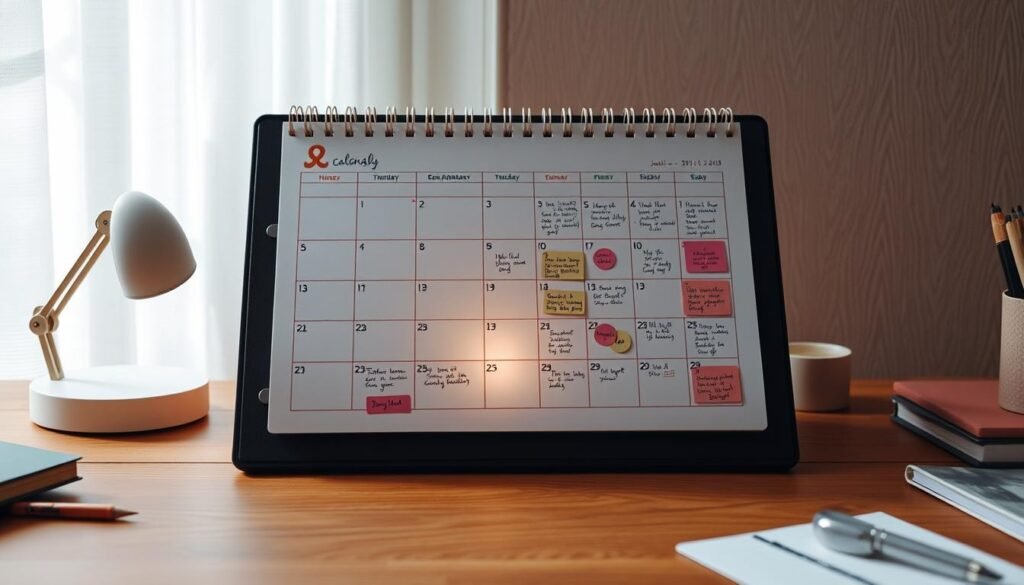 A meticulously designed calendar prominently displayed on a wooden desk, its pages adorned with colorful stickers and handwritten notes tracking the phases of a woman's menstrual cycle. The calendar casts a warm, ambient glow against a softly lit, minimalist workspace, inviting the viewer to thoughtfully monitor their reproductive health. The composition emphasizes the importance of understanding one's body through an organized, intentional approach, capturing the essence of the section title "How to track your cycle and personalize your plan". Soft, natural lighting illuminates the scene, creating an atmosphere of tranquility and introspection.