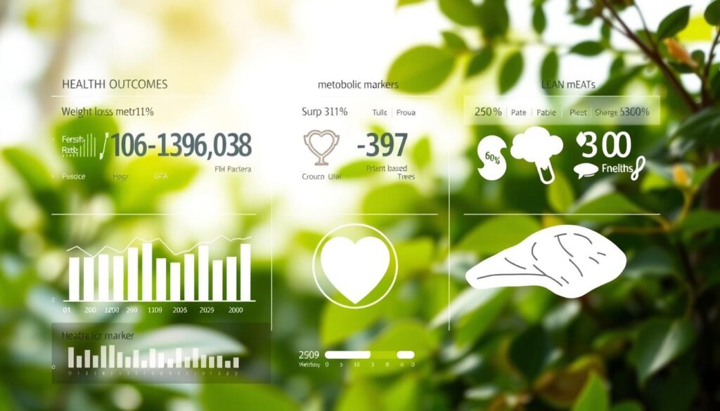 A meticulously detailed illustration of health outcomes, captured through a crisp, clean lens. In the foreground, a sleek, minimalist visualization of weight loss metrics, heart rate data, and metabolic markers, all presented in a clear, infographic-style layout. The middle ground features a serene, naturalistic backdrop, with lush, verdant foliage and a soft, diffused lighting that creates a calming, wellness-focused atmosphere. The background subtly hints at the contrast between plant-based and paleo lifestyles, with stylized representations of fresh produce and lean meats. The overall composition exudes a sense of balance, vitality, and the tangible benefits of embracing a health-conscious approach to nutrition and wellness. A meticulously detailed illustration of health outcomes, captured through a crisp, clean lens. In the foreground, a sleek, minimalist visualization of weight loss metrics, heart rate data, and metabolic markers, all presented in a clear, infographic-style layout. The middle ground features a serene, naturalistic backdrop, with lush, verdant foliage and a soft, diffused lighting that creates a calming, wellness-focused atmosphere. The background subtly hints at the contrast between plant-based and paleo lifestyles, with stylized representations of fresh produce and lean meats. The overall composition exudes a sense of balance, vitality, and the tangible benefits of embracing a health-conscious approach to nutrition and wellness.