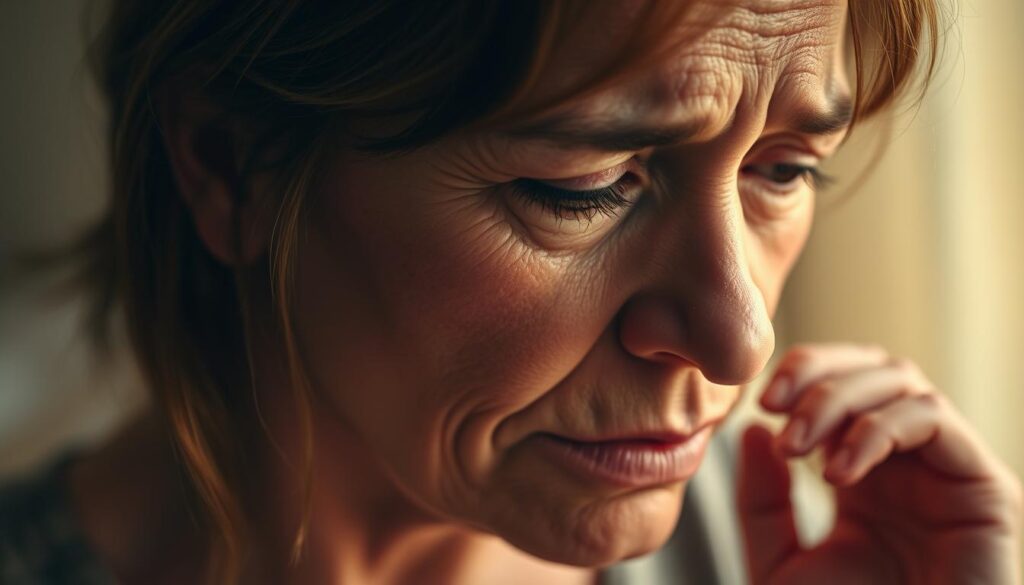 A middle-aged woman's face flushed with warmth, the skin glistening with a thin sheen of perspiration. Strands of hair cling lightly to her temples as a look of discomfort crosses her features. The lighting is warm and diffuse, creating a sense of intimacy and vulnerability. The background is softly blurred, keeping the focus on the woman's expression and the physical sensations she is experiencing. An ethereal, almost dreamlike quality permeates the scene, reflecting the internal turmoil of hormonal changes. The composition is tightly framed, drawing the viewer's attention to the woman's flushed complexion and her struggle to manage the intensity of the hot flash. A middle-aged woman's face flushed with warmth, the skin glistening with a thin sheen of perspiration. Strands of hair cling lightly to her temples as a look of discomfort crosses her features. The lighting is warm and diffuse, creating a sense of intimacy and vulnerability. The background is softly blurred, keeping the focus on the woman's expression and the physical sensations she is experiencing. An ethereal, almost dreamlike quality permeates the scene, reflecting the internal turmoil of hormonal changes. The composition is tightly framed, drawing the viewer's attention to the woman's flushed complexion and her struggle to manage the intensity of the hot flash.