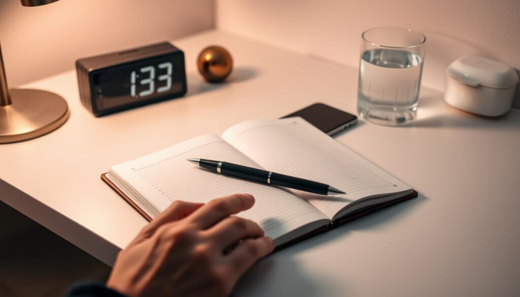 A minimalist desk with a digital clock, a glass of water, and a smartphone, all in a soft, warm lighting. In the foreground, a hand is holding a notebook open, with a pen resting on the page. The background is blurred, creating a sense of focus on the task at hand. The overall mood is one of organization, productivity, and a sense of control over one's daily routine.