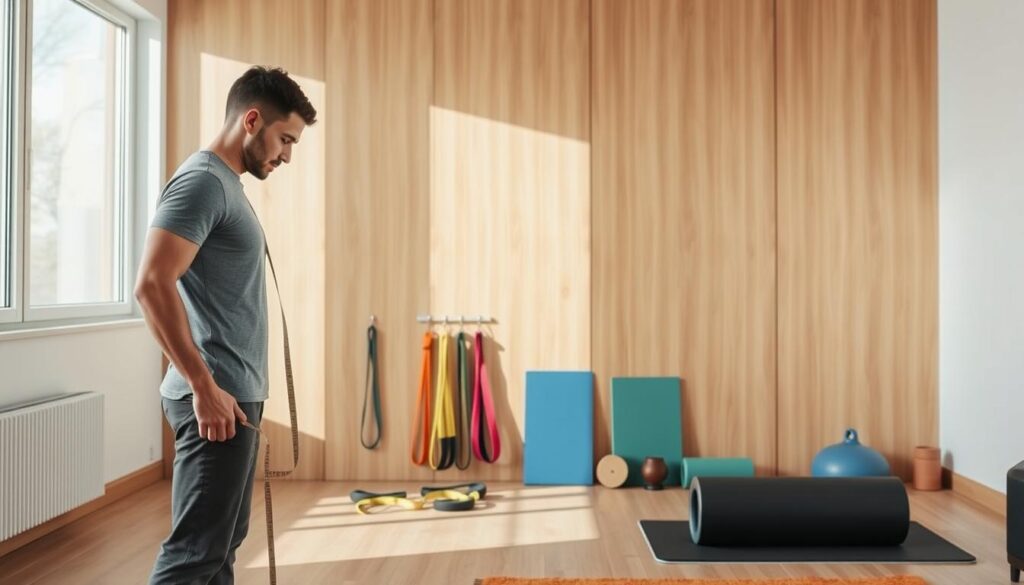 A minimalist home gym with a sleek wood-paneled wall, natural lighting filtering in from large windows. In the foreground, an individual stands side-on, using a simple measuring tape to track their mobility progress, focusing intently on the task at hand. The middle ground features a variety of mobility tools, such as resistance bands, exercise mats, and a foam roller, neatly arranged. The background has a clean, airy atmosphere, emphasizing the simplicity and accessibility of the mobility tracking setup. The scene conveys a sense of effortless wellness, encouraging the viewer to embark on their own mobility journey without the need for complex equipment.