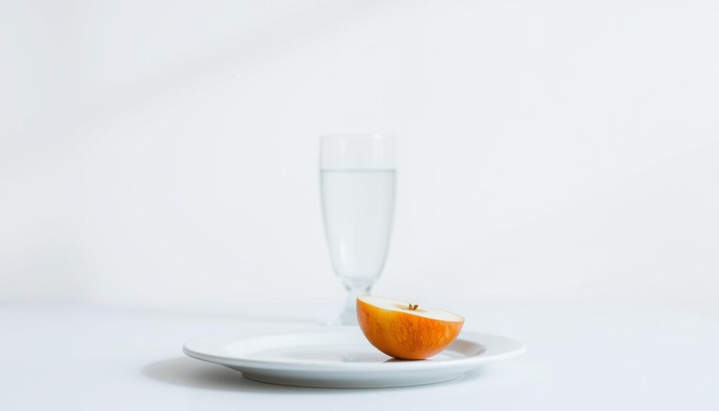 A minimalist still life depicting the concept of intermittent fasting. In the foreground, a plate with a single piece of fruit, such as an apple or an orange, against a clean, white background. The middle ground features an elegant glass of water, signifying the importance of hydration during fasting periods. The background is blurred, with a subtle gradient of soft, natural lighting, creating a calming and introspective atmosphere. The overall composition conveys a sense of simplicity, discipline, and the intentional pausing of regular eating patterns.