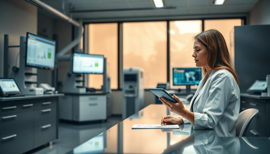 A modern, clean-lined medical laboratory interior with sleek stainless steel and glass surfaces. In the foreground, a woman in her 30s sits at a desk, a tablet in hand, thoughtfully reviewing the results of her hormone panel. Muted lighting filters in through large windows, casting a warm glow on the scene. The background features state-of-the-art diagnostic equipment and computer monitors displaying relevant health data. The overall atmosphere conveys a sense of professionalism, innovation, and the empowerment of women taking charge of their wellbeing. A modern, clean-lined medical laboratory interior with sleek stainless steel and glass surfaces. In the foreground, a woman in her 30s sits at a desk, a tablet in hand, thoughtfully reviewing the results of her hormone panel. Muted lighting filters in through large windows, casting a warm glow on the scene. The background features state-of-the-art diagnostic equipment and computer monitors displaying relevant health data. The overall atmosphere conveys a sense of professionalism, innovation, and the empowerment of women taking charge of their wellbeing.