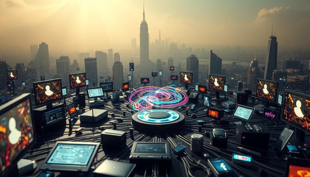 A modern digital landscape, a surreal depiction of social media. In the foreground, a central hub of interconnected devices, screens, and icons, symbolizing the pervasive nature of online platforms. The middle ground features a swirling vortex of colorful data streams, representing the constant flow of information, updates, and interactions. In the background, a hazy, distorted cityscape emerges, hinting at the real-world consequences and disconnection from physical reality. Dramatic lighting casts long shadows, creating a sense of depth and dimension. The overall tone is one of both fascination and unease, capturing the complex relationship between technology and human experience.