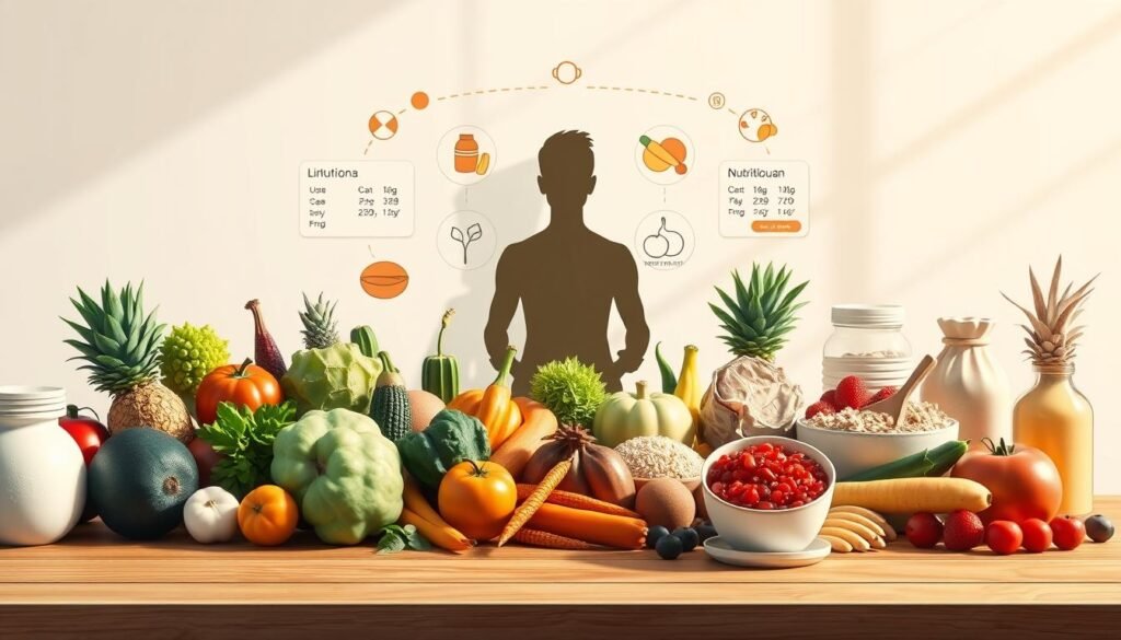 A modern, minimalist illustration showcasing personalized diet intake. In the foreground, a diverse array of fresh, colorful foods - fruits, vegetables, grains, and proteins - are artfully arranged on a wooden table or counter, reflecting individual dietary preferences and needs. The middle ground features a person silhouette, representing the unique individual, surrounded by nutritional information, food icons, and customizable diet plan elements. The background has a soft, airy, and calming atmosphere with subtle patterns or textures, emphasizing the personalized, balanced, and holistic approach to nutrition. Warm, natural lighting casts gentle shadows, creating depth and highlighting the vibrant colors of the food. The overall composition conveys a sense of control, empowerment, and personalization in one's dietary choices.
