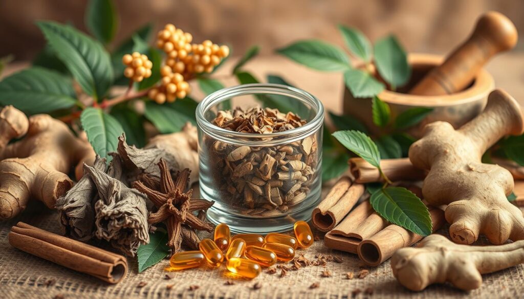 A natural botanical still life featuring ashwagandha root, leaves, and capsules. A central glass container holds the dried herb, surrounded by supporting elements such as mortar and pestle, ginger root, cinnamon sticks, and other calming botanicals. Soft, warm lighting creates a soothing, earthy atmosphere, highlighting the rich textures and colors. The composition is balanced, with a sense of harmony and traditional herbal remedy aesthetics. The overall mood is one of natural wellness, ancient wisdom, and gentle cortisol support.