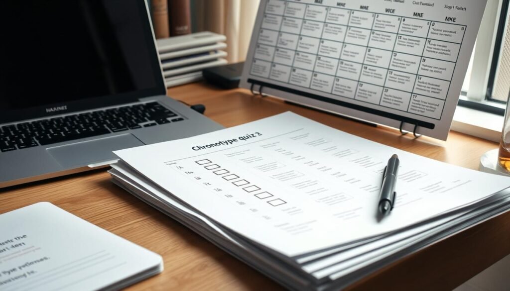 A neatly organized desk with a laptop, a stack of papers, and a pen resting on top. A large calendar page in the background displays a chronotype quiz with various time slots and questions. Soft, natural lighting from a nearby window illuminates the scene, creating a warm, inviting atmosphere. The focus is on the quiz, with the other elements providing a harmonious context. The overall mood is one of thoughtfulness and self-discovery, reflecting the article's theme of understanding one's personal sleep patterns. A neatly organized desk with a laptop, a stack of papers, and a pen resting on top. A large calendar page in the background displays a chronotype quiz with various time slots and questions. Soft, natural lighting from a nearby window illuminates the scene, creating a warm, inviting atmosphere. The focus is on the quiz, with the other elements providing a harmonious context. The overall mood is one of thoughtfulness and self-discovery, reflecting the article's theme of understanding one's personal sleep patterns.