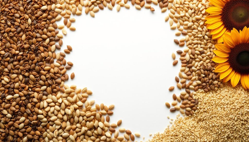A neatly organized display of various seeds arranged in rows, with a central focus on the different types of seeds used for seed cycling - flaxseeds, pumpkin seeds, sunflower seeds, and sesame seeds. The seeds are captured in natural lighting, with a warm, earthy tone that evokes a sense of wellness and holistic health. The composition features a clean, minimalist background that allows the seeds to stand out, showcasing their colors, textures, and shapes. The overall aesthetic is sophisticated and visually appealing, reflecting the informative and educational nature of the article section.