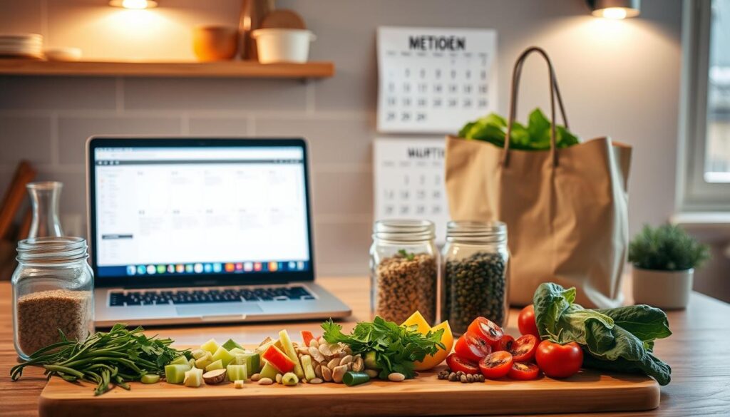 A neatly organized kitchen counter, illuminated by warm, natural lighting, showcases the weekly meal planning and prep of a holistic nutritionist. In the foreground, a cutting board displays freshly chopped vegetables, accompanied by mason jars filled with grains, legumes, and herbs. In the middle ground, a laptop displays a digital meal plan, while a reusable grocery bag stands ready for the next shopping trip. In the background, a minimalist wall calendar highlights the days of the week, reflecting the structured approach to nutrition. The overall atmosphere conveys a sense of intentionality, efficiency, and a deep appreciation for wholesome, nourishing foods. A neatly organized kitchen counter, illuminated by warm, natural lighting, showcases the weekly meal planning and prep of a holistic nutritionist. In the foreground, a cutting board displays freshly chopped vegetables, accompanied by mason jars filled with grains, legumes, and herbs. In the middle ground, a laptop displays a digital meal plan, while a reusable grocery bag stands ready for the next shopping trip. In the background, a minimalist wall calendar highlights the days of the week, reflecting the structured approach to nutrition. The overall atmosphere conveys a sense of intentionality, efficiency, and a deep appreciation for wholesome, nourishing foods.