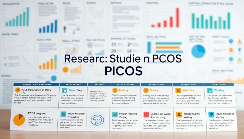 A neatly organized scientific study layout, with a centered title "Research Studies on PCOS" against a subtle background of medical charts, graphs, and data visualizations. The foreground features a clean grid of research paper thumbnails, each with a distinct icon or infographic representing their key findings on the relationship between PCOS, gluten, dairy, soy, weight, and insulin resistance. The lighting is bright, crisp, and professional, with a depth of field that keeps the central elements in sharp focus. The overall mood is informative, authoritative, and visually engaging, conveying the weight and importance of the research.