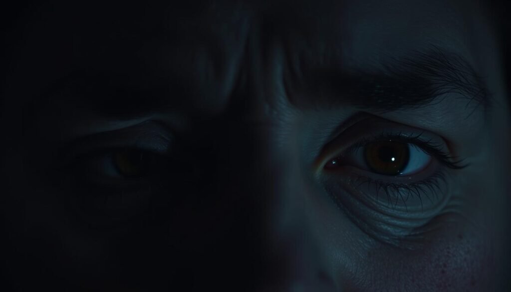 A pair of weary, tired eyes, half-closed in a pained expression. Dramatic low-angle lighting casts deep shadows under the brows, accentuating the dark circles and bloodshot sclera. The iris and pupil appear strained, conveying a sense of discomfort and strain. The eyelids are slightly puffy, the skin around the eyes wrinkled with fatigue. A muted, desaturated color palette evokes a somber, unrelenting mood. Captured with a high-resolution camera lens, the details of the eye structure are sharply defined, yet the overall image has a soft, atmospheric quality, suggesting the need for respite and relief.
