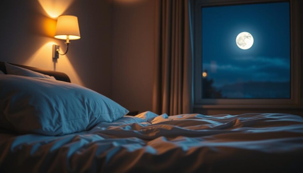 A peaceful bedroom scene illuminated by soft, warm lighting from a bedside lamp. In the foreground, a plush, inviting bed with crisp white sheets and a cozy comforter beckons for restful slumber. Gentle shadows cast by the lamp create a tranquil atmosphere, while a large window in the background offers a serene view of a moonlit night sky, hinting at the importance of natural circadian rhythms. The overall mood is one of tranquility, relaxation, and the restorative power of quality sleep. A peaceful bedroom scene illuminated by soft, warm lighting from a bedside lamp. In the foreground, a plush, inviting bed with crisp white sheets and a cozy comforter beckons for restful slumber. Gentle shadows cast by the lamp create a tranquil atmosphere, while a large window in the background offers a serene view of a moonlit night sky, hinting at the importance of natural circadian rhythms. The overall mood is one of tranquility, relaxation, and the restorative power of quality sleep.