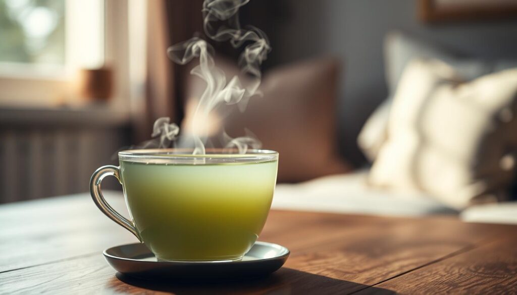 A peaceful, dimly lit scene of a steaming cup of low-caffeine green tea on a wooden table. The tea's pale green hue is highlighted by soft, natural lighting filtering through a window, casting a tranquil glow. Delicate steam rises from the cup, evoking a sense of calmness and relaxation. In the background, a blurred, cozy interior with muted tones and textures creates an intimate, soothing atmosphere, inviting the viewer to unwind and savor the moment. The composition emphasizes the tea's simplicity and restorative qualities, conveying its potential to promote deep, restful sleep.