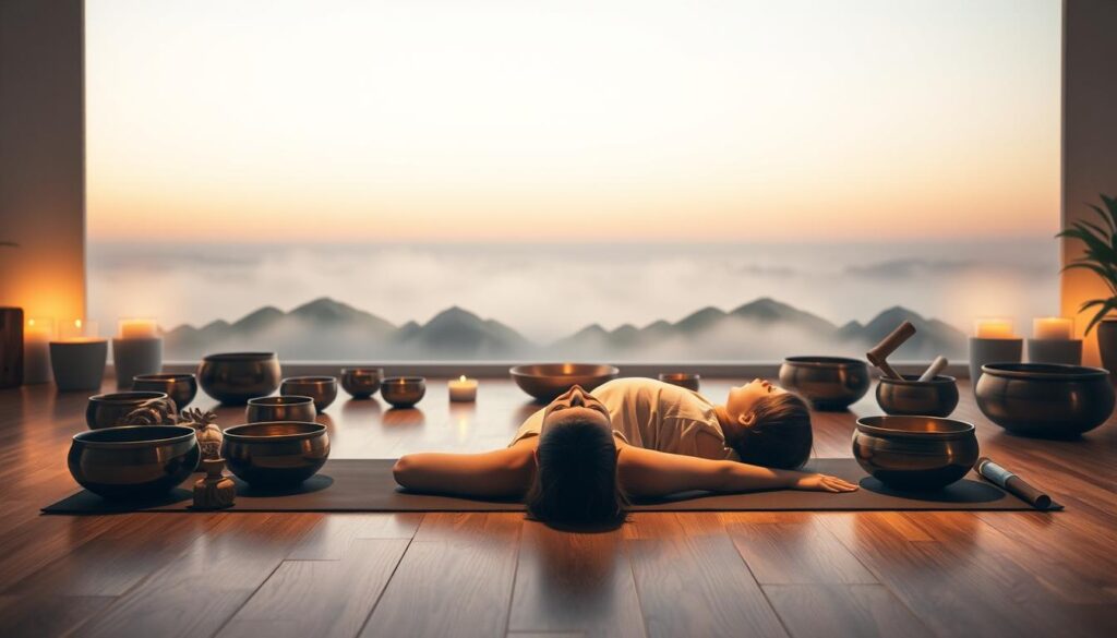 A peaceful, dimly lit studio with soft, ambient lighting. In the foreground, a person lying comfortably on a yoga mat, eyes closed, immersed in a meditative state. Surrounding them, an array of crystal bowls, singing bowls, and other sound healing instruments. In the middle ground, a sense of tranquility and relaxation pervades the space, with mist-like wisps of energy swirling gently. The background features a serene, natural landscape, perhaps with a distant horizon or a calming body of water, conveying a sense of harmony and rejuvenation. The overall atmosphere is one of deep relaxation, where the sound bath therapy is helping the individual to improve their sleep quality and find inner peace. A peaceful, dimly lit studio with soft, ambient lighting. In the foreground, a person lying comfortably on a yoga mat, eyes closed, immersed in a meditative state. Surrounding them, an array of crystal bowls, singing bowls, and other sound healing instruments. In the middle ground, a sense of tranquility and relaxation pervades the space, with mist-like wisps of energy swirling gently. The background features a serene, natural landscape, perhaps with a distant horizon or a calming body of water, conveying a sense of harmony and rejuvenation. The overall atmosphere is one of deep relaxation, where the sound bath therapy is helping the individual to improve their sleep quality and find inner peace.