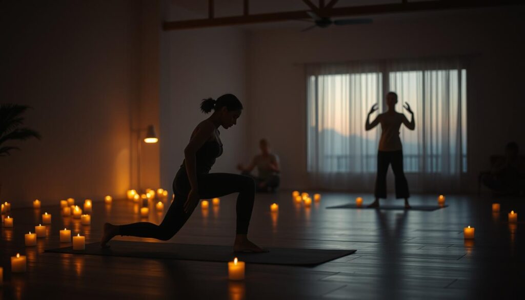 A peaceful, dimly-lit yoga studio at dusk. In the foreground, a person is gracefully performing a low lunge, their body silhouetted against the warm, amber glow of candles scattered around the room. The middle ground features a woman in a serene seated meditation pose, her eyes closed, her breath deep and steady. In the background, the faint outlines of people practicing gentle Tai Chi movements, their movements fluid and calming. The overall scene emanates a sense of tranquility and restoration, inviting the viewer to imagine the restorative benefits of these exercises for better sleep. A peaceful, dimly-lit yoga studio at dusk. In the foreground, a person is gracefully performing a low lunge, their body silhouetted against the warm, amber glow of candles scattered around the room. The middle ground features a woman in a serene seated meditation pose, her eyes closed, her breath deep and steady. In the background, the faint outlines of people practicing gentle Tai Chi movements, their movements fluid and calming. The overall scene emanates a sense of tranquility and restoration, inviting the viewer to imagine the restorative benefits of these exercises for better sleep.