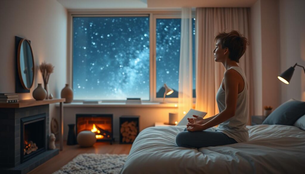 A peaceful nighttime scene featuring a serene bedroom with a cozy bed, soft lighting, and calming decor. In the foreground, a person is sitting on the edge of the bed, practicing deep breathing and mindfulness exercises. The middle ground showcases soothing elements like a warm fireplace, a stack of books, and a diffuser emitting calming essential oils. The background depicts a starry night sky visible through the bedroom window, creating a tranquil and restorative atmosphere. Soft, natural lighting illuminates the scene, and the overall composition conveys a sense of balance, relaxation, and harmony - the perfect setting for resetting one's sleep cycle. A peaceful nighttime scene featuring a serene bedroom with a cozy bed, soft lighting, and calming decor. In the foreground, a person is sitting on the edge of the bed, practicing deep breathing and mindfulness exercises. The middle ground showcases soothing elements like a warm fireplace, a stack of books, and a diffuser emitting calming essential oils. The background depicts a starry night sky visible through the bedroom window, creating a tranquil and restorative atmosphere. Soft, natural lighting illuminates the scene, and the overall composition conveys a sense of balance, relaxation, and harmony - the perfect setting for resetting one's sleep cycle.